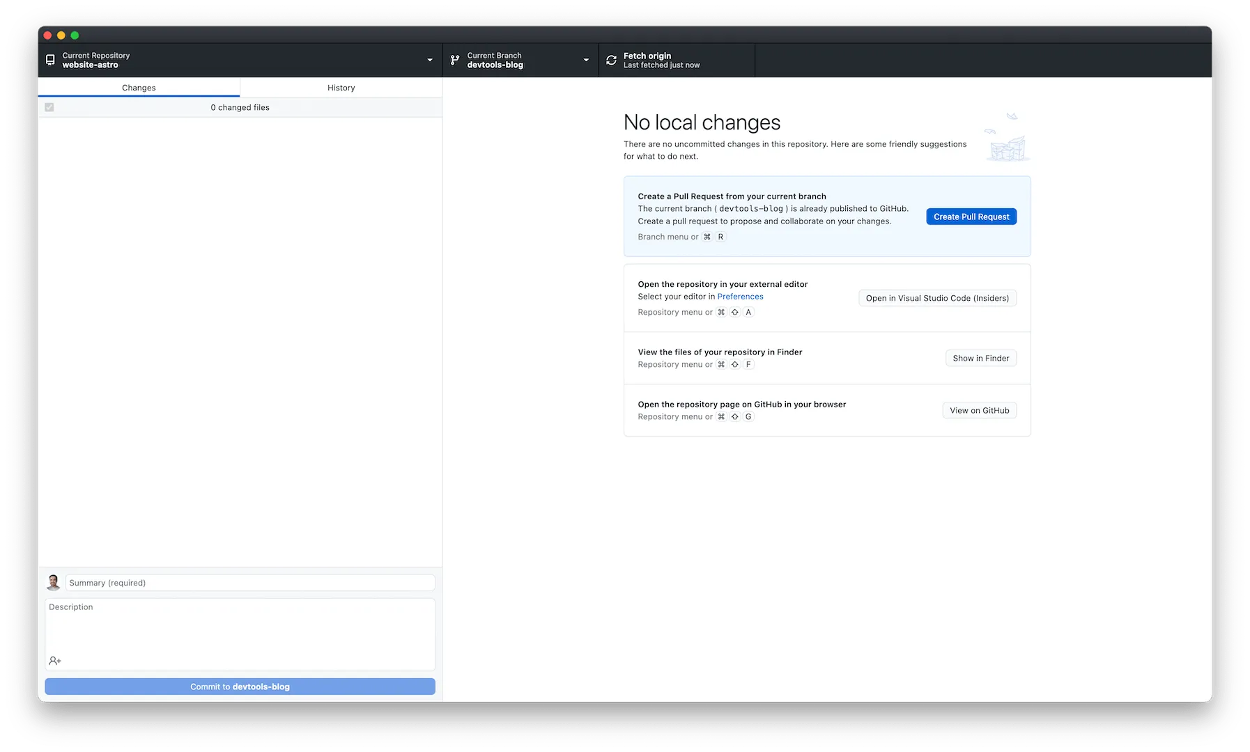 Screenshot of GitHub Desktop showing the create pull request button