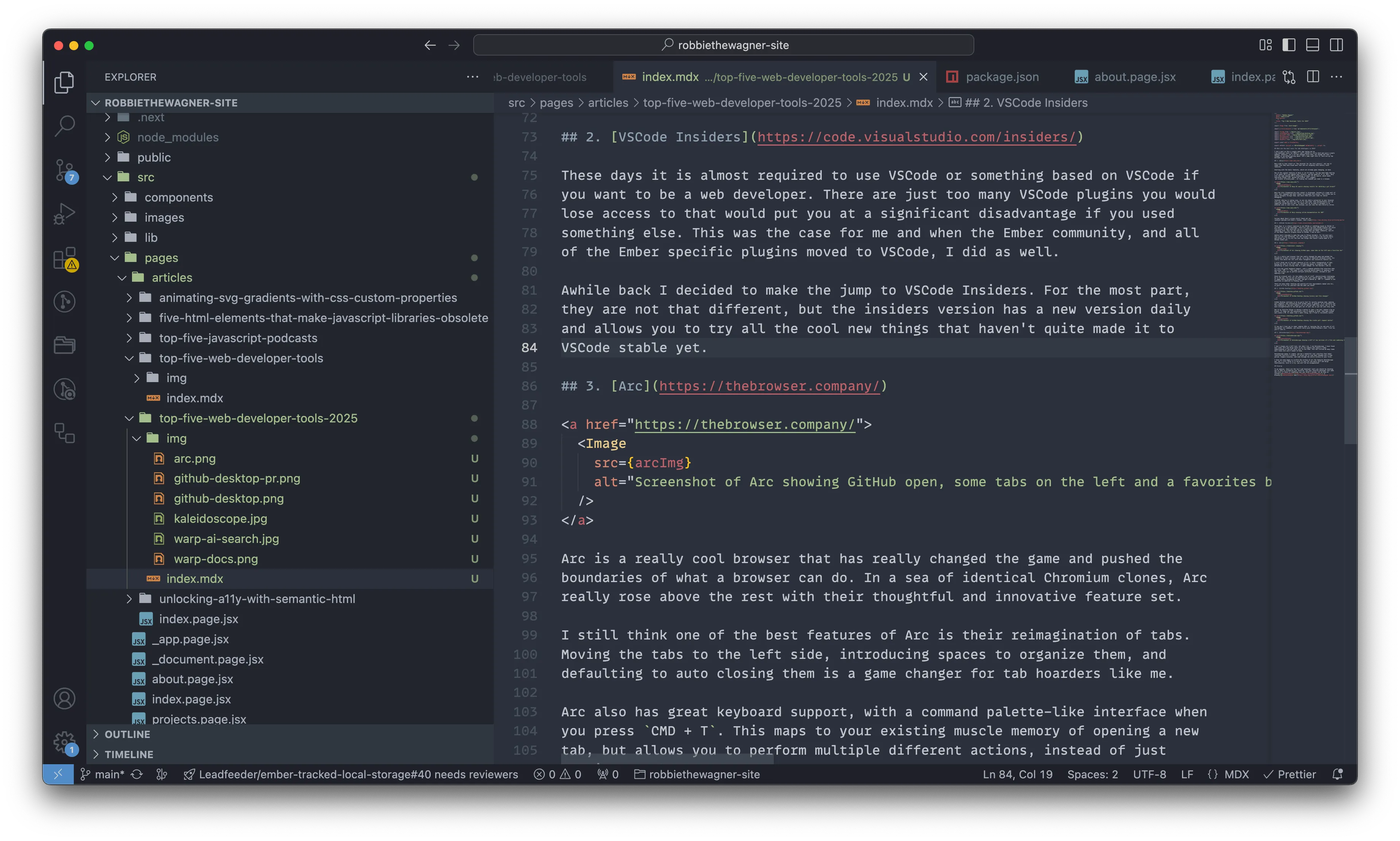 Screenshot of VSCode Insiders editing this very blog post!