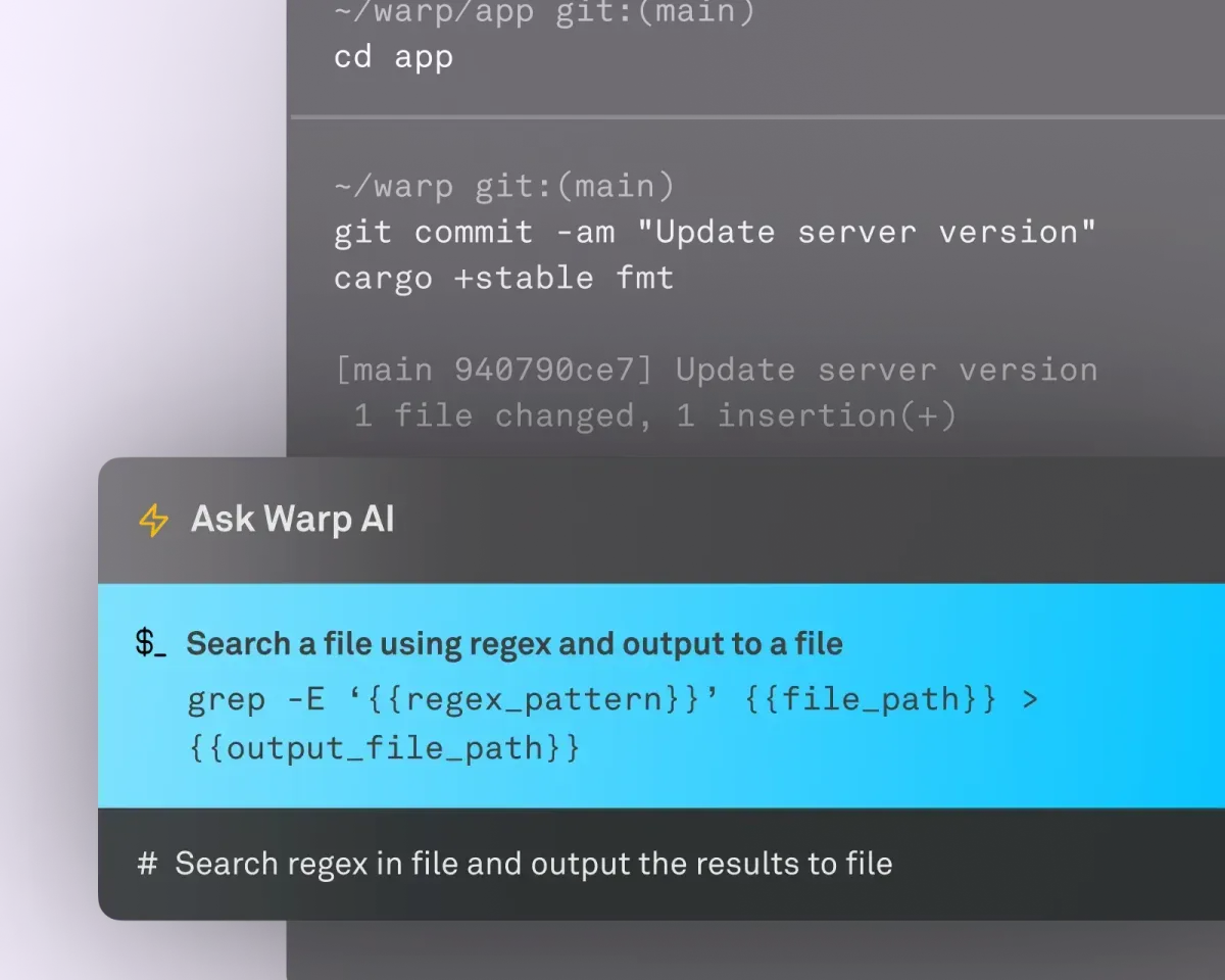 Screenshot of Warp AI explaining how to use grep to do regex based searches.