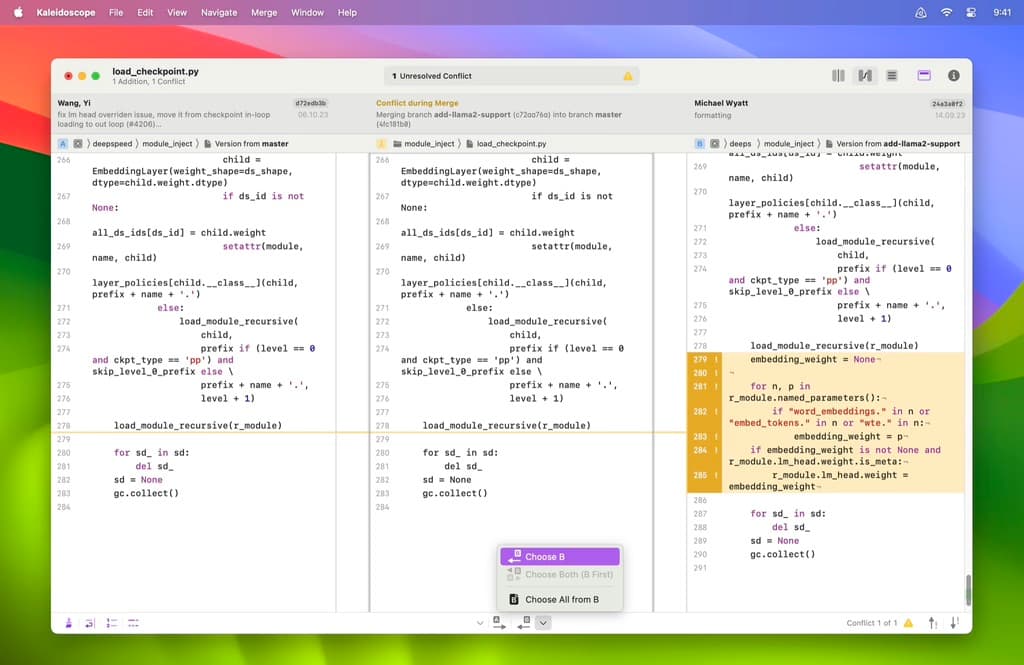 Screenshot of Kaleidoscope showing a diff of two versions of a file and combining them into one merged file.