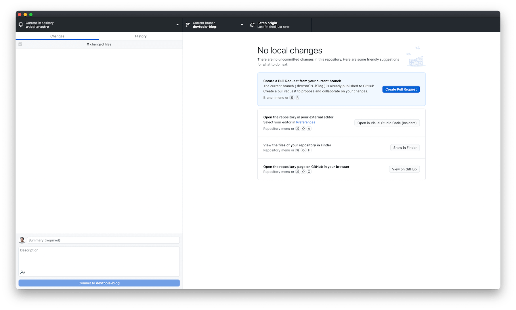 Screenshot of GitHub Desktop showing the create pull request button