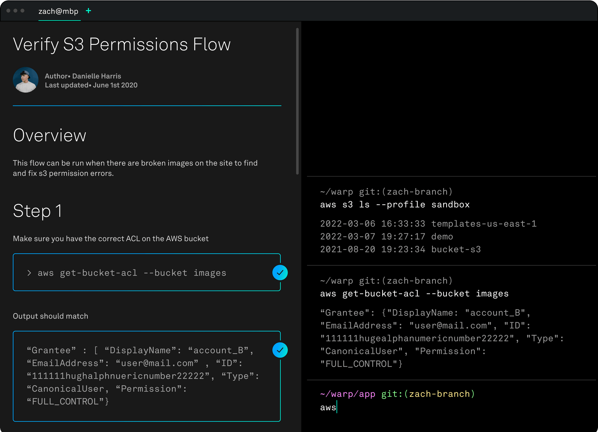 Screenshot of Warp showing inline documentation for AWS
