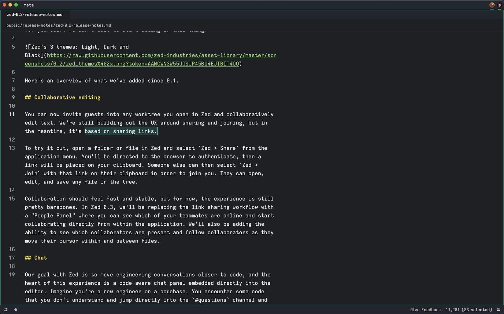 Screenshot of Zed showing someone editing a markdown file and some people following along
